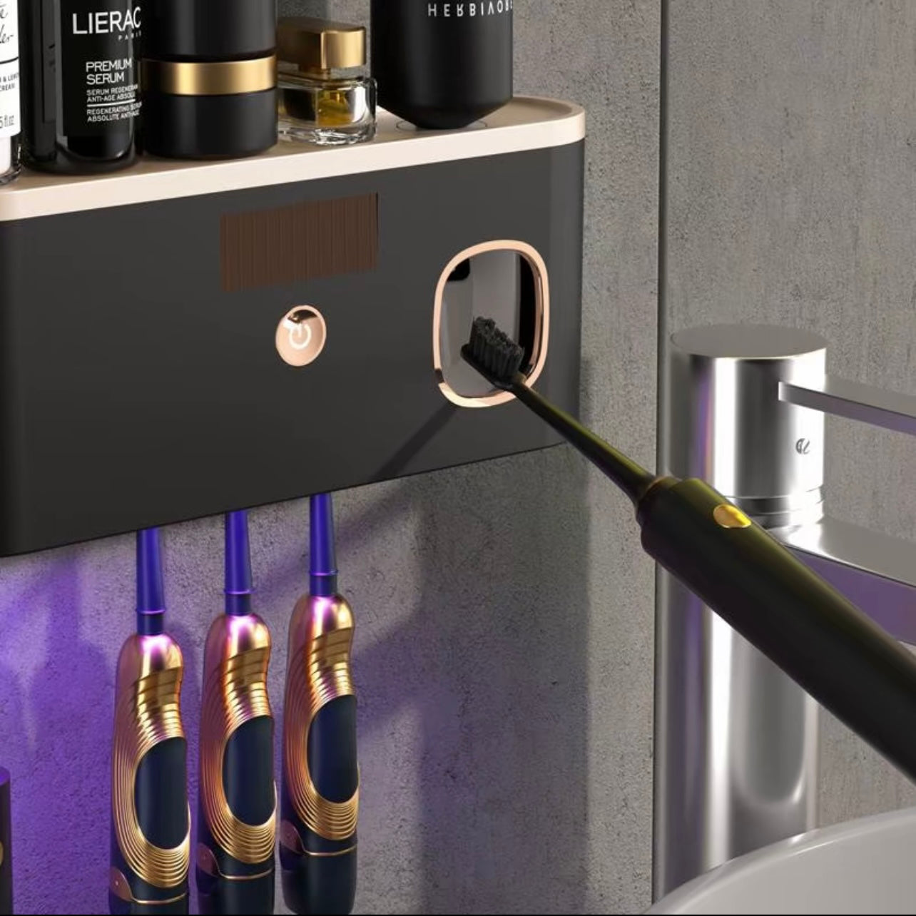 Sterilizzatore UV Spazzolini 4 in 1 – Porta Spazzolini da Parete con Dispenser Dentifricio, Ricarica USB, Installazione Senza Fori