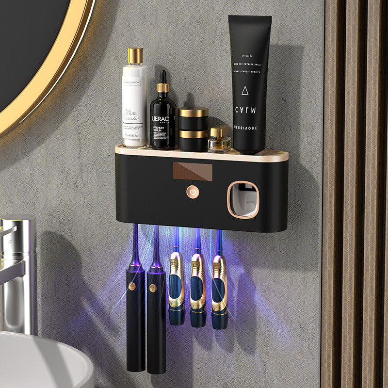 Sterilizzatore UV Spazzolini 4 in 1 – Porta Spazzolini da Parete con Dispenser Dentifricio, Ricarica USB, Installazione Senza Fori