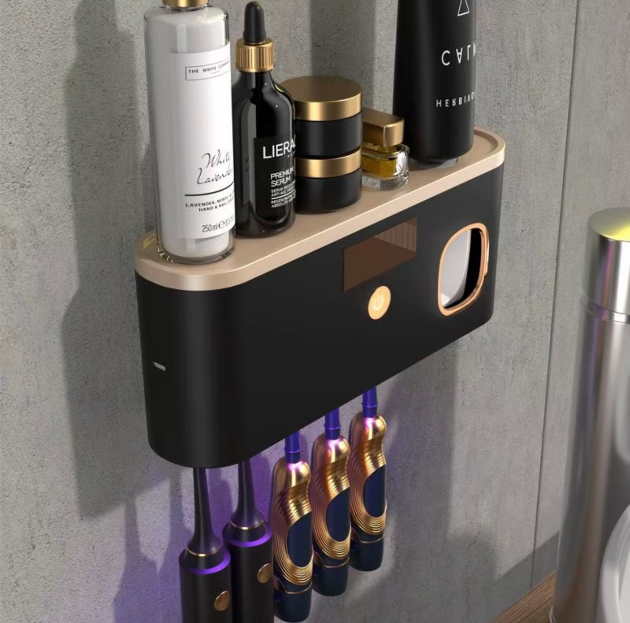 Sterilizzatore UV Spazzolini 4 in 1 – Porta Spazzolini da Parete con Dispenser Dentifricio, Ricarica USB, Installazione Senza Fori