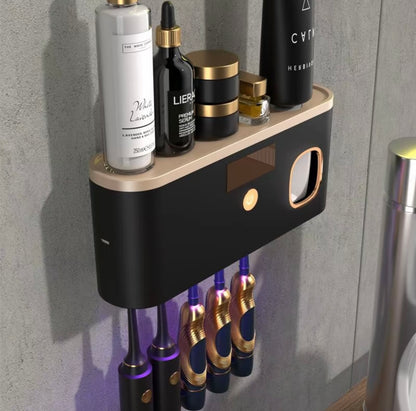 Sterilizzatore UV Spazzolini 4 in 1 – Porta Spazzolini da Parete con Dispenser Dentifricio, Ricarica USB, Installazione Senza Fori